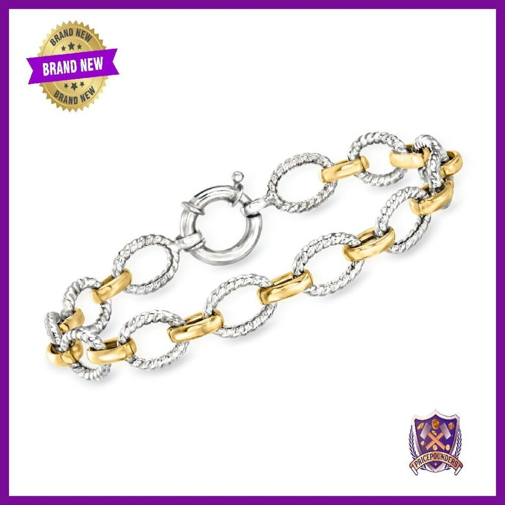 Sterling Silver Two-Tone Link Bracelet 7 Inch Springring Clasp